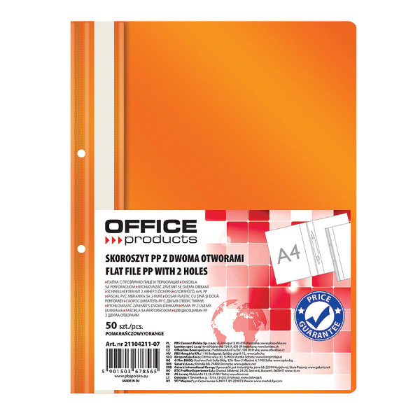 Dosar cu sina si 2 perforatii Office Products, A4, plastic, 50 bucati/set, portocaliu Dosar cu sina si 2 perforatii Office Products, A4, plastic, 50 bucati/set, portocaliu