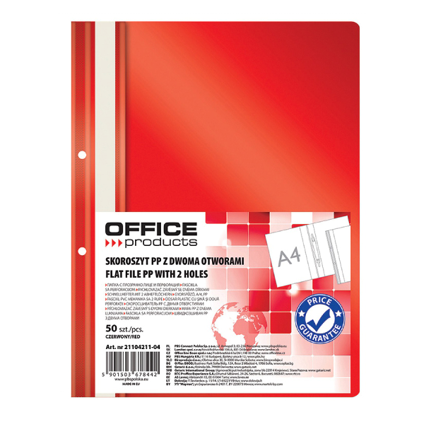 Dosar cu sina si 2 perforatii Office Products, A4, plastic, 50 bucati/set, rosu Dosar cu sina si 2 perforatii Office Products, A4, plastic, 50 bucati/set, rosu