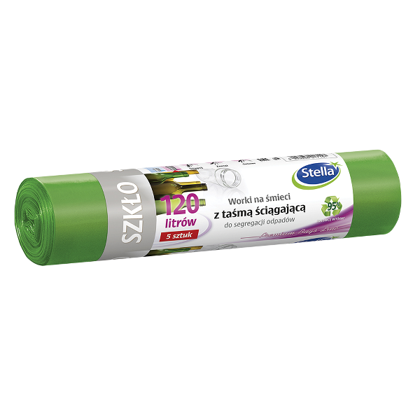 Saci menajeri LDPE, 120 l, verzi, deseuri sticla, cu snur, 5 bucati/rola Saci menajeri LDPE, 120 l, verzi, deseuri sticla, cu snur, 5 bucati/rola