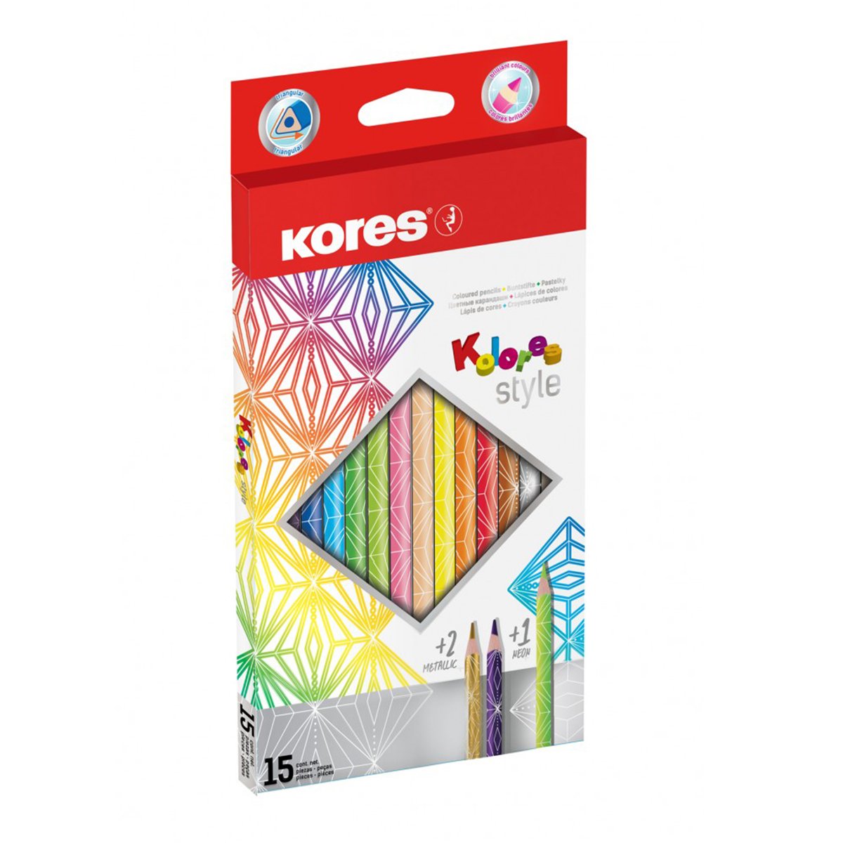 Creioane triunghiulare Kores, 15 culori/set Creioane triunghiulare Kores, 15 culori/set