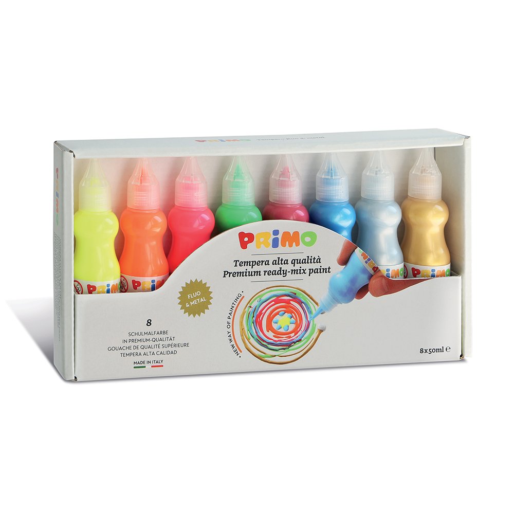 Tempera cu mecanism control debit, Morocolor, 4 culori fluorescente si 4 culori metalice Tempera cu mecanism control debit, Morocolor, 4 culori fluorescente si 4 culori metalice