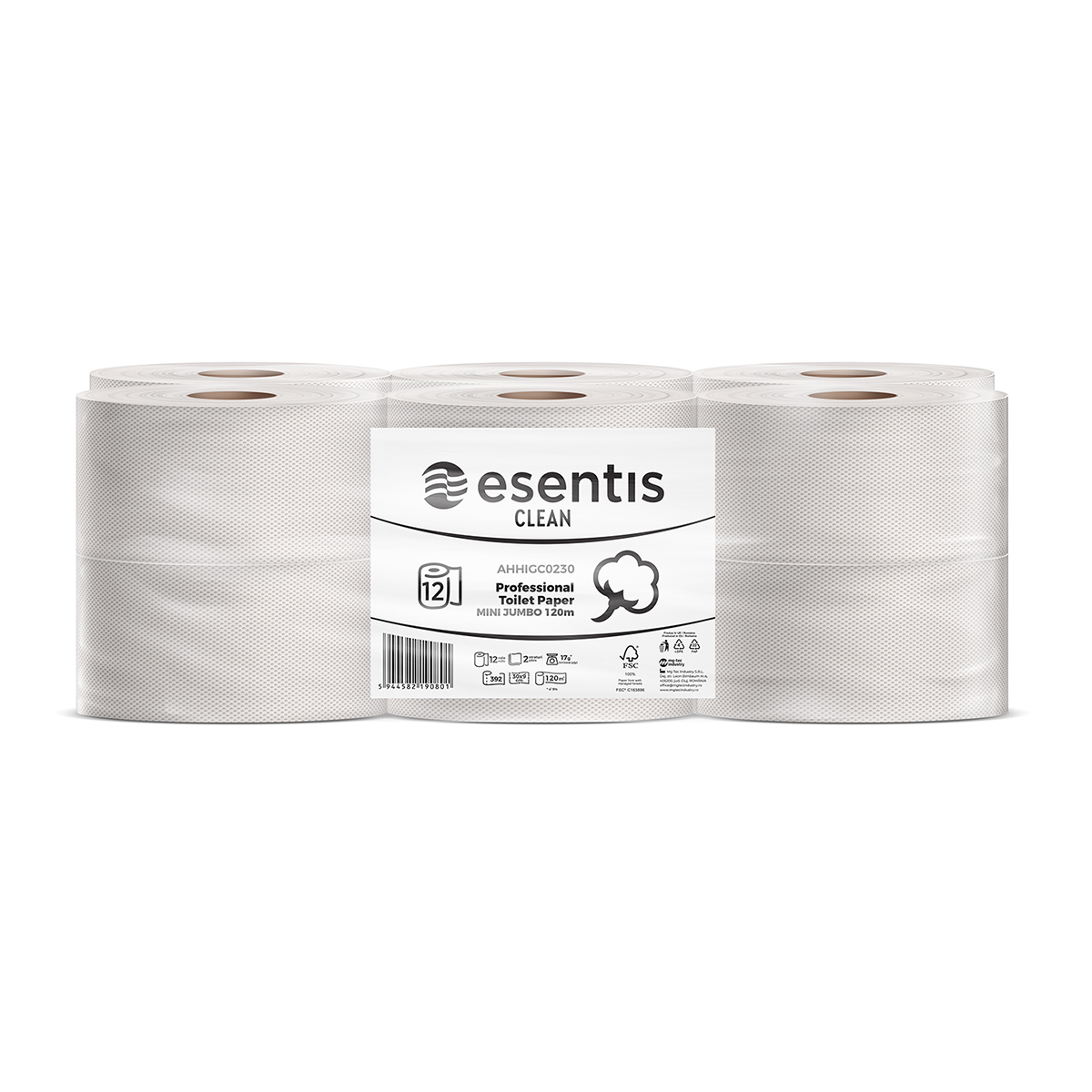 Hartie igienica Jumbo Esentis Clean, alba, 2 straturi, 120 m, 12 role/set Hartie igienica Jumbo Esentis Clean, alba, 2 straturi, 120 m, 12 role/set