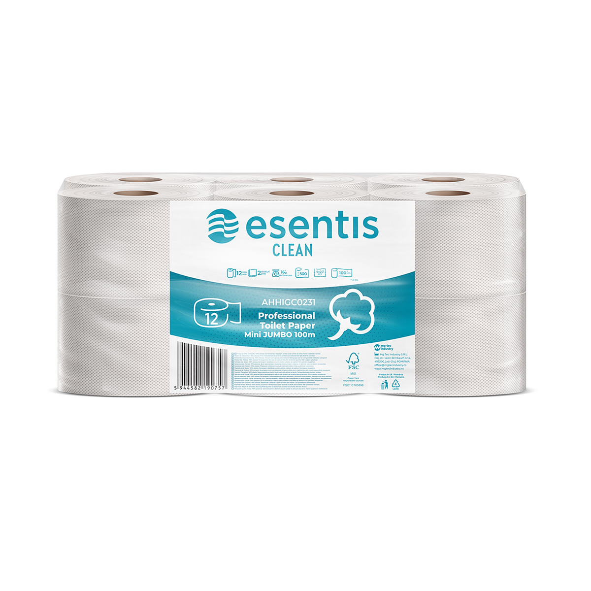 Hartie igienica Esentis Clean alba 2 straturi, 500 portii, 100 m, 12 role/set Hartie igienica Esentis Clean alba 2 straturi, 500 portii, 100 m, 12 role/set