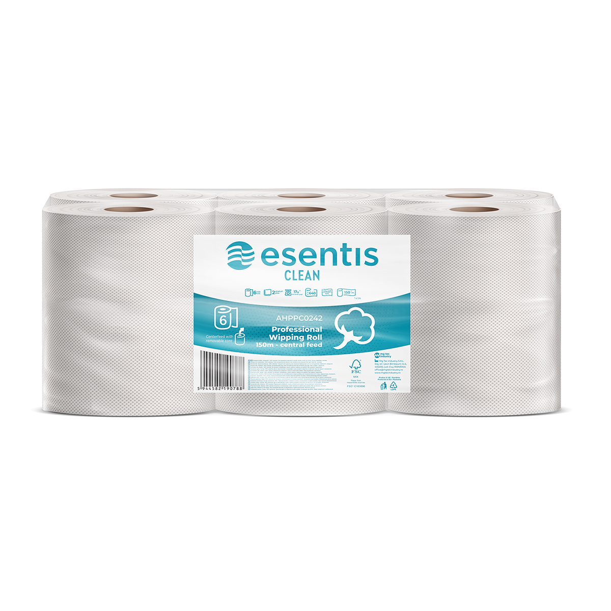 Rola prosop derulare centrala Esentis Clean, alba, 2 straturi, 150 m, 6 role/set Rola prosop derulare centrala Esentis Clean, alba, 2 straturi, 150 m, 6 role/set