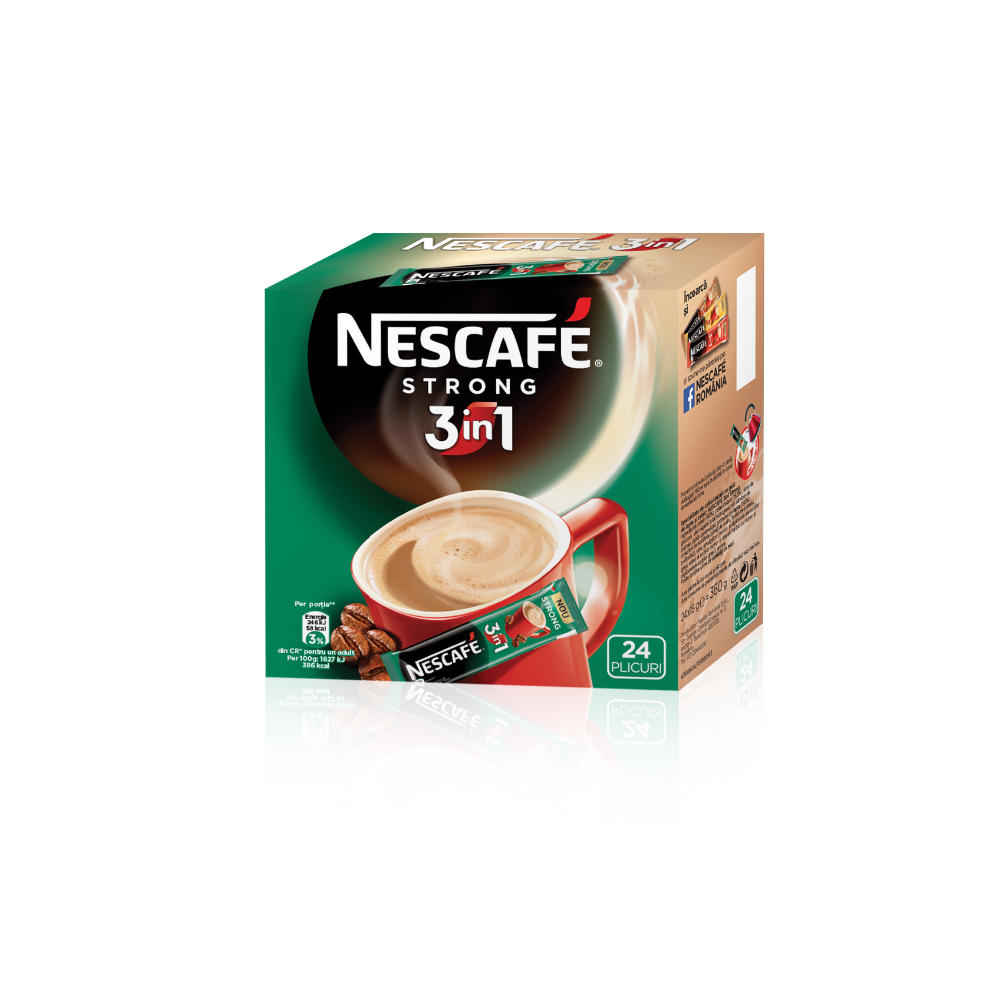 Cafea solubila 3 in 1 Nescafe Strong, 24 plicuri/cutie Cafea solubila 3 in 1 Nescafe Strong, 24 plicuri/cutie