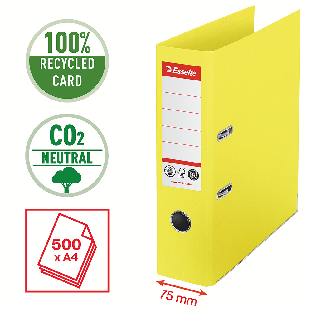 Biblioraft Esselte No.1 Power Recycled, carton reciclat si reciclabil cu amprenta CO2 neutra, A4, 75 mm, galben Biblioraft Esselte No.1 Power Recycled, carton reciclat si reciclabil cu amprenta CO2 neutra, A4, 75 mm, galben