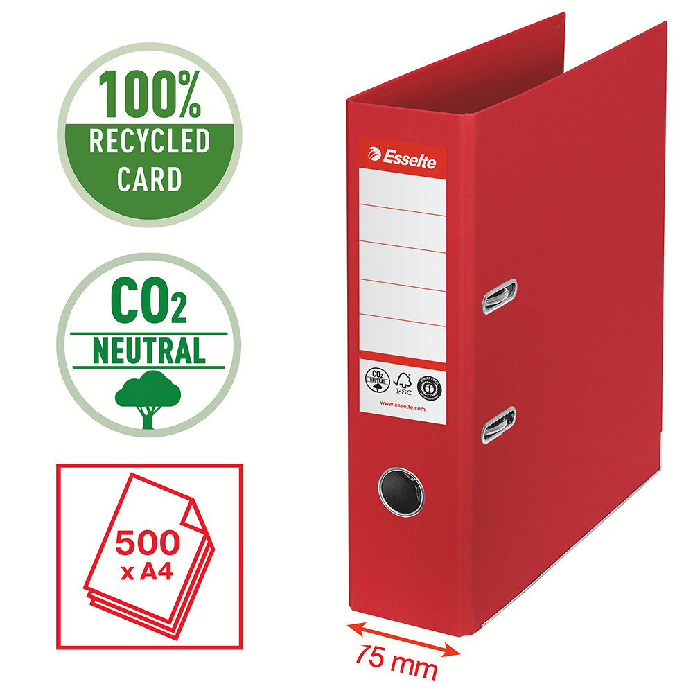 Biblioraft Esselte No.1 Power Recycled, carton reciclat si reciclabil cu amprenta CO2 neutra, A4, 75 mm, rosu Biblioraft Esselte No.1 Power Recycled, carton reciclat si reciclabil cu amprenta CO2 neutra, A4, 75 mm, rosu