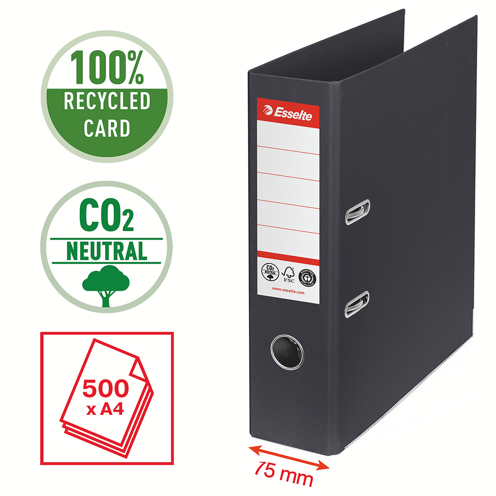 Biblioraft Esselte No.1 Power Recycled, carton reciclat si reciclabil cu amprenta CO2 neutra, A4, 75 mm, negru Biblioraft Esselte No.1 Power Recycled, carton reciclat si reciclabil cu amprenta CO2 neutra, A4, 75 mm, negru