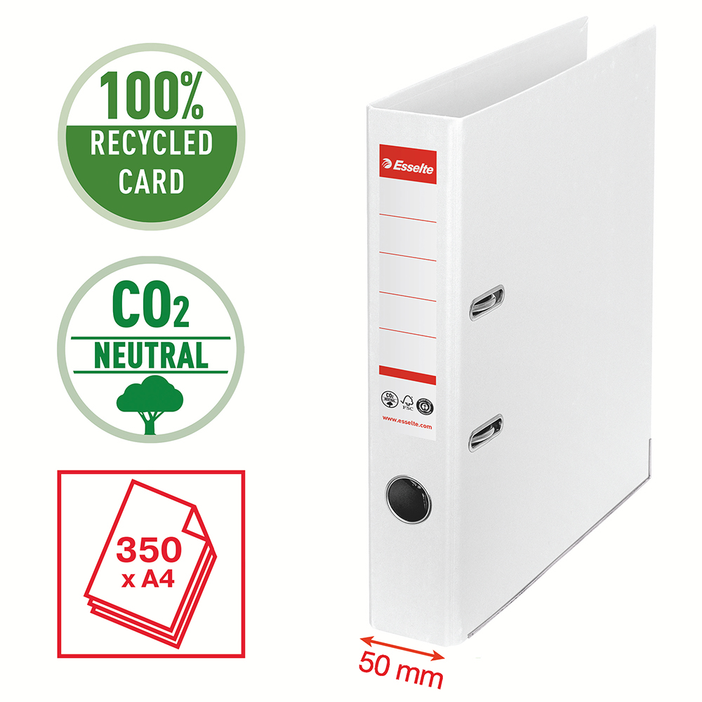 Biblioraft Esselte No.1 Power Recycled, carton reciclat si reciclabil cu amprenta CO2 neutra, A4, 50 mm, alb Biblioraft Esselte No.1 Power Recycled, carton reciclat si reciclabil cu amprenta CO2 neutra, A4, 50 mm, alb
