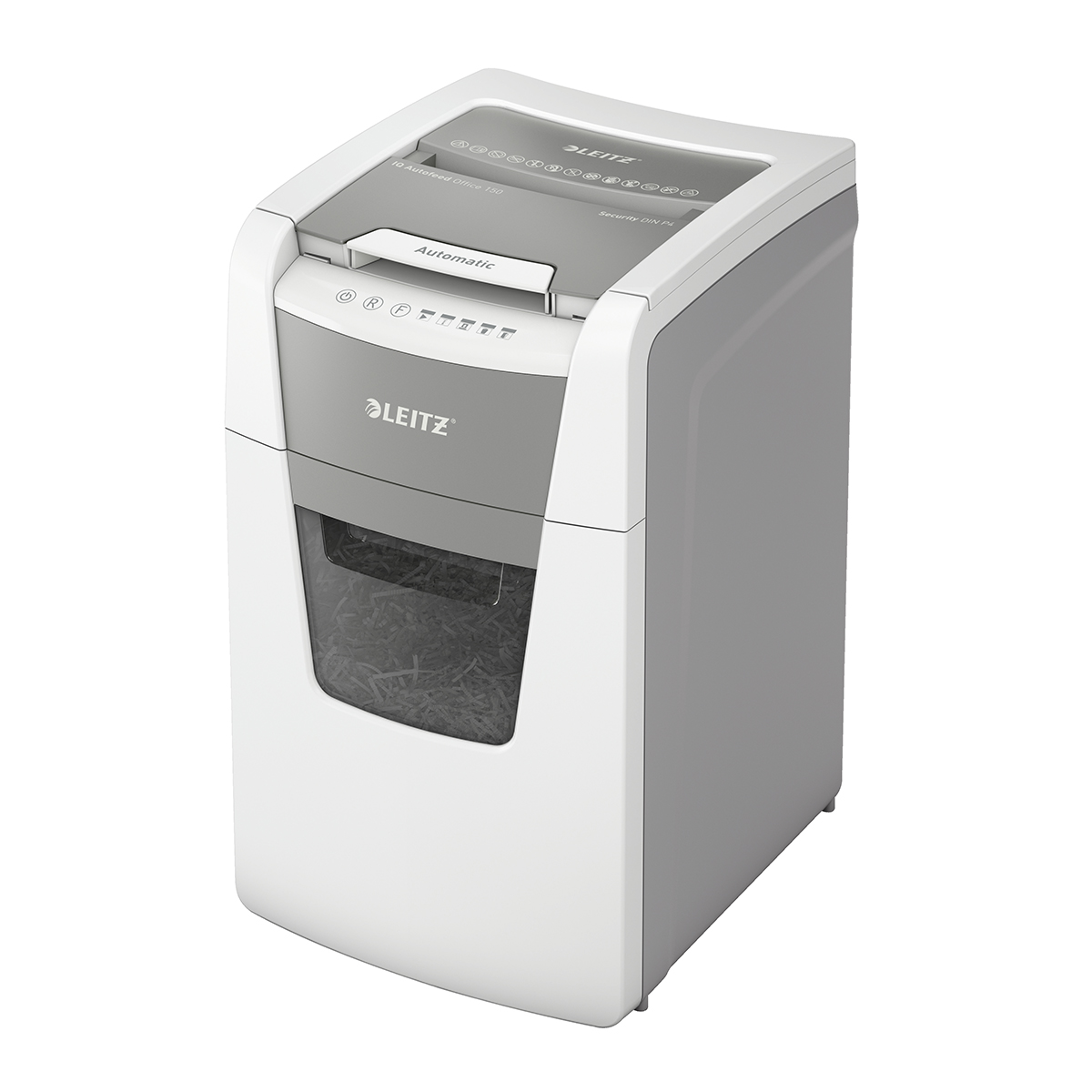 Distrugator documente automat Leitz IQ Office, P4, cross-cut (confeti), 150 coli, cos 44l, alb-gri Distrugator documente automat Leitz IQ Office, P4, cross-cut (confeti), 150 coli, cos 44l, alb-gri