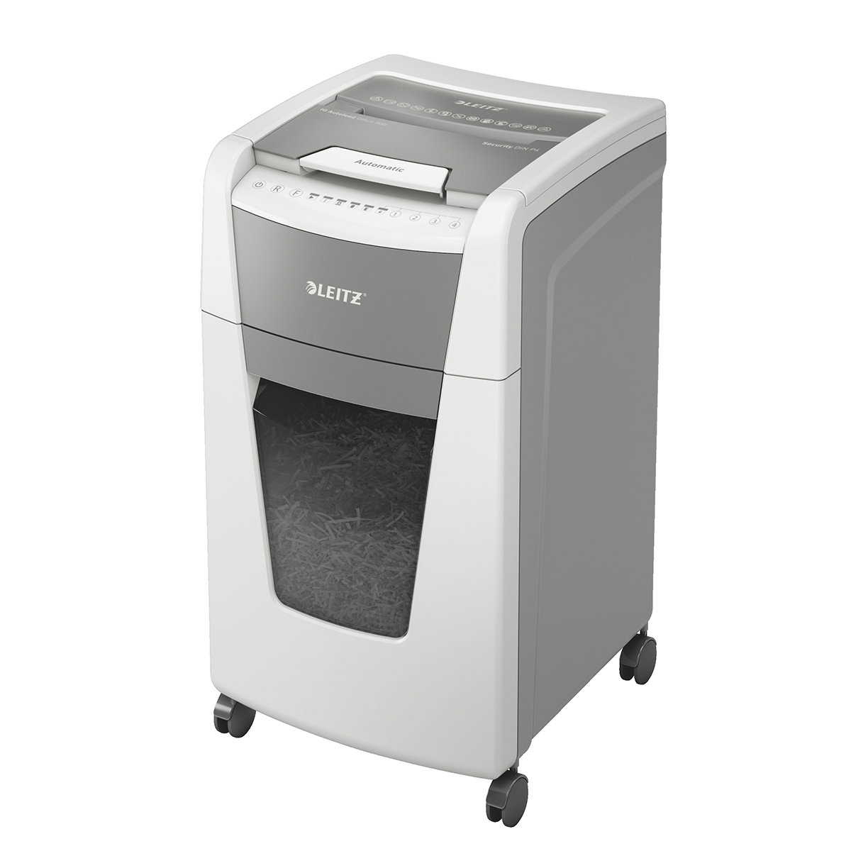 Distrugator documente automat Leitz IQ Office, P4, cross-cut (confeti), 300 coli, cos 60l, alb-gri Distrugator documente automat Leitz IQ Office, P4, cross-cut (confeti), 300 coli, cos 60l, alb-gri