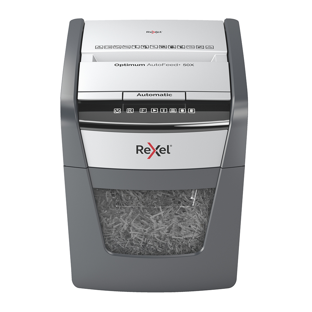 Distrugator documente automat REXEL OPTIMUM 50X, P4, cross-cut (confeti), 50 coli, cos 20l, negru-gri Distrugator documente automat REXEL OPTIMUM 50X, P4, cross-cut (confeti), 50 coli, cos 20l, negru-gri
