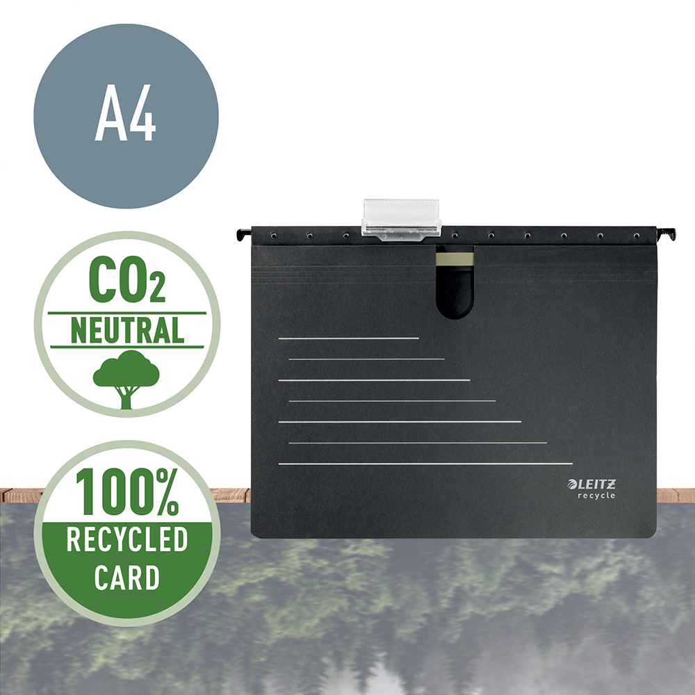 Dosar suspendabil Leitz Alpha Recycle, carton reciclat, A4, cu sina, negru Dosar suspendabil Leitz Alpha Recycle, carton reciclat, A4, cu sina, negru
