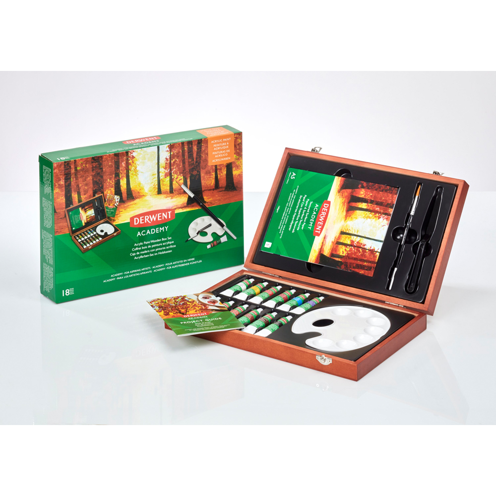 Set culori acrilice Derwent Academ, potrivit pentru cadou, calitate superioara, cutie din lemn, contine tuburi de 12 ml, pensula, ghid proiect si paleta amestec, 18 bucati/set Set culori acrilice Derwent Academ, potrivit pentru cadou, calitate superioara, cutie din lemn, contine tuburi de 12 ml, pensula, ghid proiect si paleta amestec, 18 bucati/set