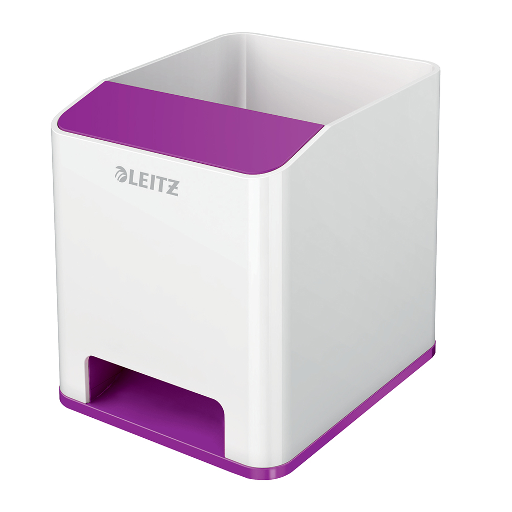 Suport instrumente de scris Leitz WOW, PS, cu amplificare sunet, culori duale, alb-mov Suport instrumente de scris Leitz WOW, PS, cu amplificare sunet, culori duale, alb-mov