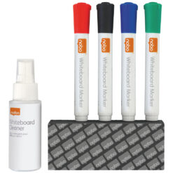 Kit pentru tabla NOBO, 4 markere diverse culori, burete magnetic, spray curatare 50 ml
