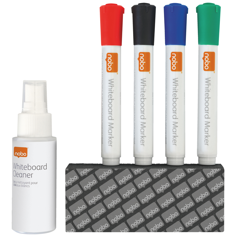 Kit pentru tabla NOBO, 4 markere diverse culori, burete magnetic, spray curatare 50 ml Kit pentru tabla NOBO, 4 markere diverse culori, burete magnetic, spray curatare 50 ml
