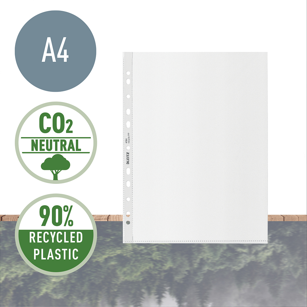 Folie de protectie Leitz Recycle, PP reciclat, A4, 100 mic, 100 bucati/cutie, standard Folie de protectie Leitz Recycle, PP reciclat, A4, 100 mic, 100 bucati/cutie, standard