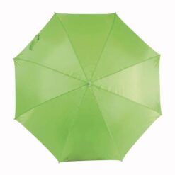 Solid-colour automatic umbrella with steel shaft and ferrule, curved wood handle