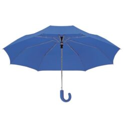 Automatic compact umbrella with curved rubberised handle and matching pouch