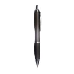 Plastic snap pen with coloured barrel, matching rubberised grip and metal clip