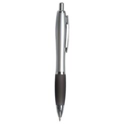 Plastic snap pen with silver barrel, rubberised coloured grip and metal clip, jumbo refill