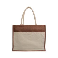 Jute shopping bag with gusset, handles and front pocket in natural cotton