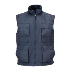 Multi-pocket polyester vest with inner fleece lining and reflective strip on the neck Multi-pocket polyester vest with inner fleece lining and reflective strip on the neck
