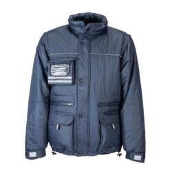 Padded pongee polyester jacket with removable sleeves and identification badge pocket Padded pongee polyester jacket with removable sleeves and identification badge pocket