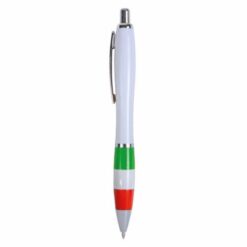 ABS plastic snap pen with white barrel, Italian flag-coloured grip and metal clip