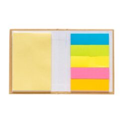 Small cardboard notebook containing sticky notes
