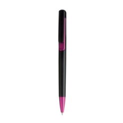 Plastic snap pen with black barrel and metallic tip and detail