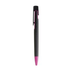 Plastic snap pen with black barrel and metallic tip and detail