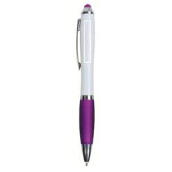 Plastic twist pen with white barrel, rubberised coloured grip