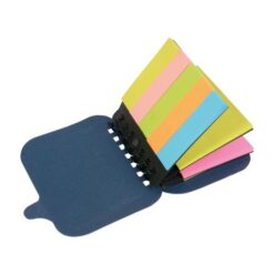 Small cardboard ring-bound notebook containing sticky notes