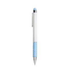 Twist pen with white plastic barrel and coloured aluminium grip, matching the touchscreen