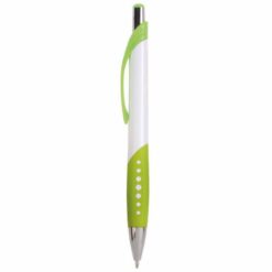 Plastic snap pen with white barrel and rubberised coloured grip to match the clip