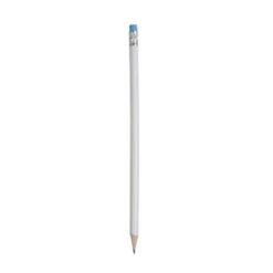 White wooden pencil with graphite lead, cylindrical cross-section and coloured rubber