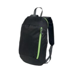 Black 600D polyester backpack with 2 pockets and coloured zips. Padded straps and back Black 600D polyester backpack with 2 pockets and coloured zips. Padded straps and back