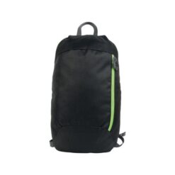 Black 600D polyester backpack with 2 pockets and coloured zips. Padded straps and back