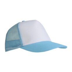 Polyester 5-panel cap with mesh crown and adjustable velcro strap