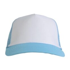 Polyester 5-panel cap with mesh crown and adjustable velcro strap