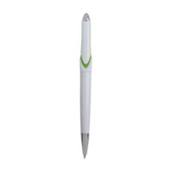 Plastic snap pen with white barrel and curved clip with coloured inside