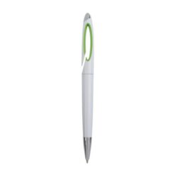 Plastic snap pen with white barrel and curved clip with coloured inside