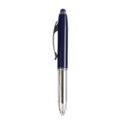 Mini silver plastic pen with metal lid and clip, light and touchscreen rubber tip