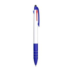 Plastic snap pen with 3 refills in blue, black and red, and touchscreen rubber tip