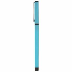 Flat, plastic rubberised pen with flat metal clip and lid