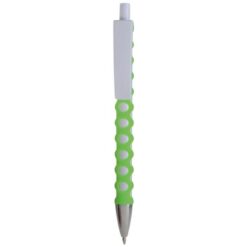 Plastic snap pen with white barrel, clip and button