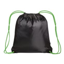 Black 210T polyester backpack with drawstring closure, reinforced black corners