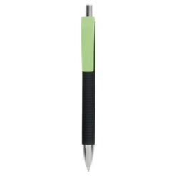 Plastic snap pen with tyre-effect rubberised black barrel and wide coloured clip